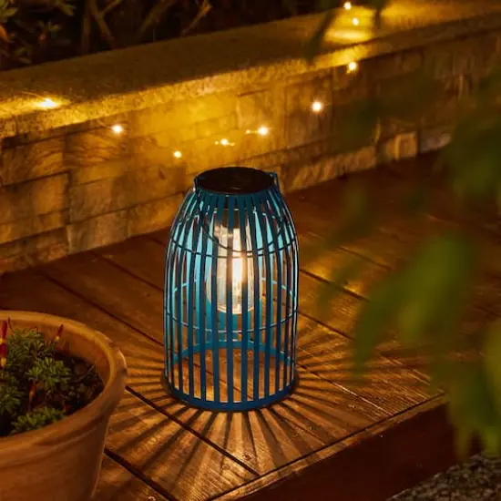 Glitzhome&reg; 10" Woven Solar Powered Outdoor Hanging Lantern Blue {5}