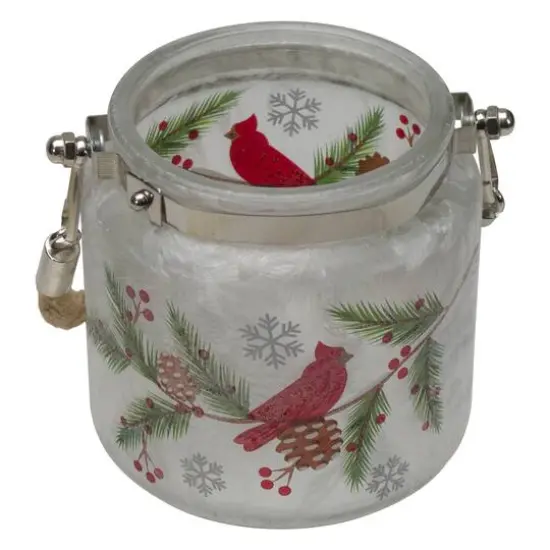 4" Hand Painted Christmas Cardinal & Pine Flameless Glass Christmas Candle Holder {4}