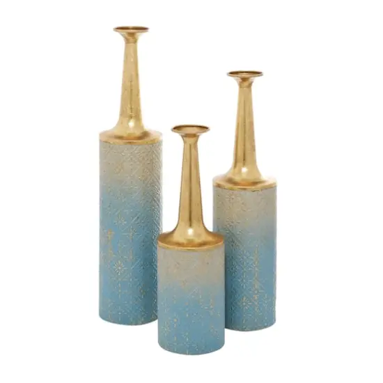Set of 3 Blue Metal Coastal Style Vase, 27", 24", 20" {3}