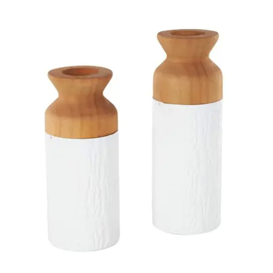 Brown & White Textured Metal & Wood Vase Set {4}