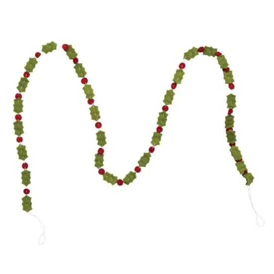 Hello Honey&reg; 6ft. Green & Red Holly Leaves & Berries Handmade Wool Felt Garland {1}