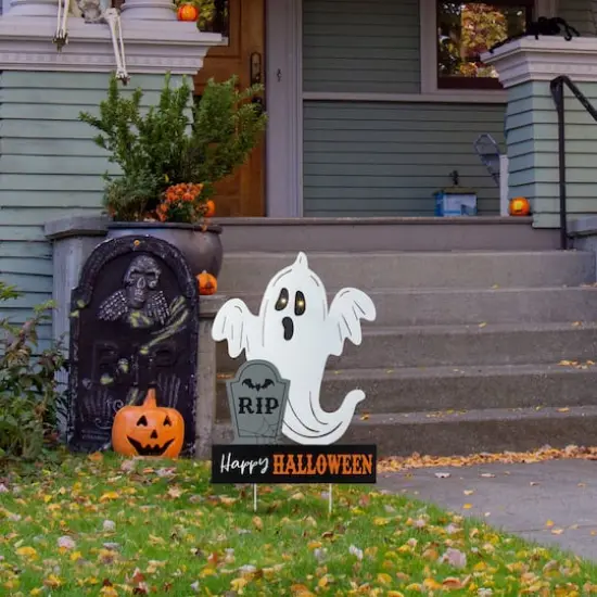 Glitzhome&reg; 32.25"H Lighted Halloween Metal Ghost Tombstone Yard Stake with Timer {4}