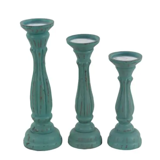 Blue Wood Traditional Candle Holder Set {3}