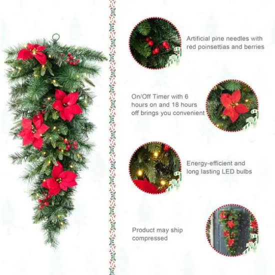 Glitzhome&reg; 3ft. Pre-Lit Pine, Poinsettia & Berries Christmas Teardrop Swag {8}