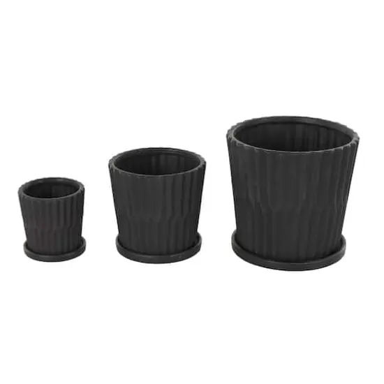 Black Double Ribbed Textured Ceramic Planter Set {4}