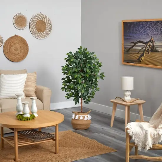4ft. Ficus Artificial Tree in Boho Chic Handmade Natural Cotton Woven Planter with Tassels {5}