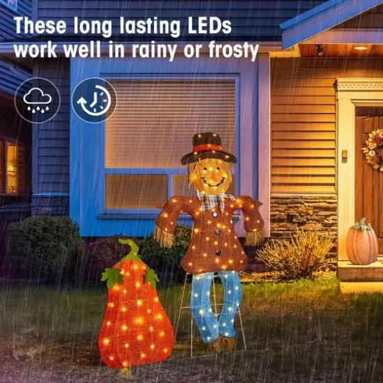 Glitzhome&reg; Lighted Fall Scarecrow & Pumpkin Outdoor Decor with Warm White LED Lights Set {6}