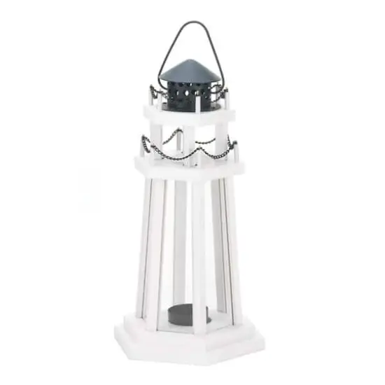 12.25" White Wooden Lighthouse Hanging Candle Lantern with Chain Detailing {1}