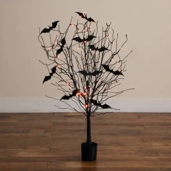 4ft. Pre-Lit Artificial Halloween Black Twig Tree with Bats and 50 Orange LED Lights {6}