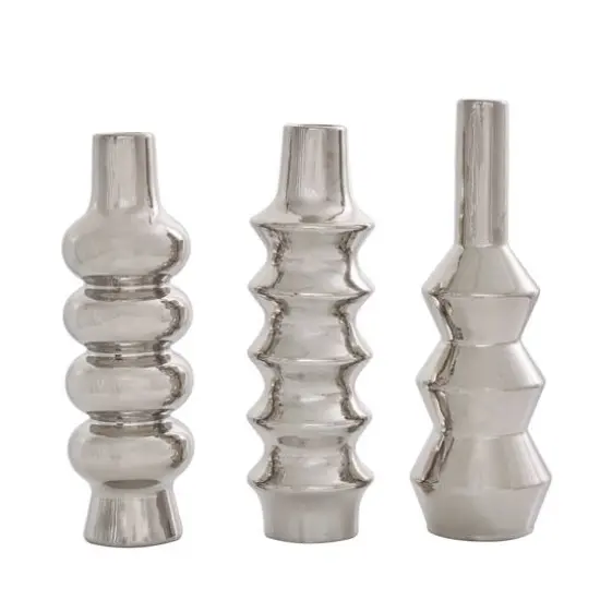 Silver Ceramic Abstract Bubble Ribbed Vase Set {8}
