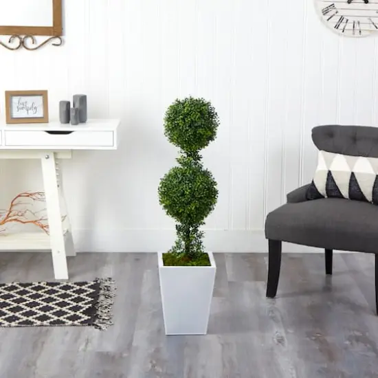 3.5ft. Boxwood Double Ball Topiary Artificial Tree in White Metal Planter(Indoor/Outdoor) {4}