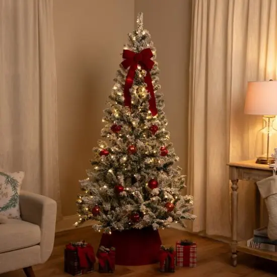 6.5ft. Pre-Lit Medium Flocked Pine Artificial Christmas Tree, Warm White LED Lights {4}