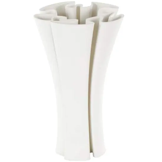 White Ceramic Abstract Ribbed Dimensional Folded Vase with Curvy Rim {1}