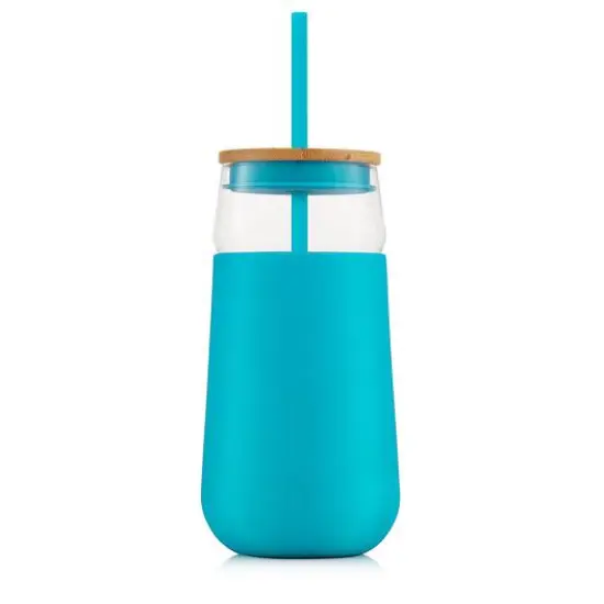 JoyJolt&reg; 20oz. Glass Tumbler with Straws & Silicone Sleeve Aqua {7}