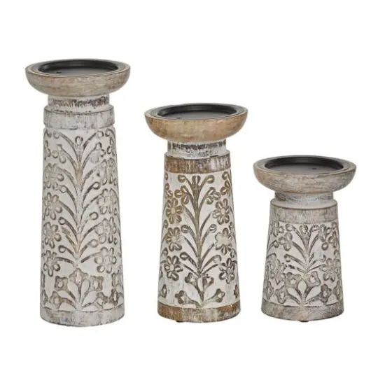Brown Mango Wood Natural Candle Holder Set {3}