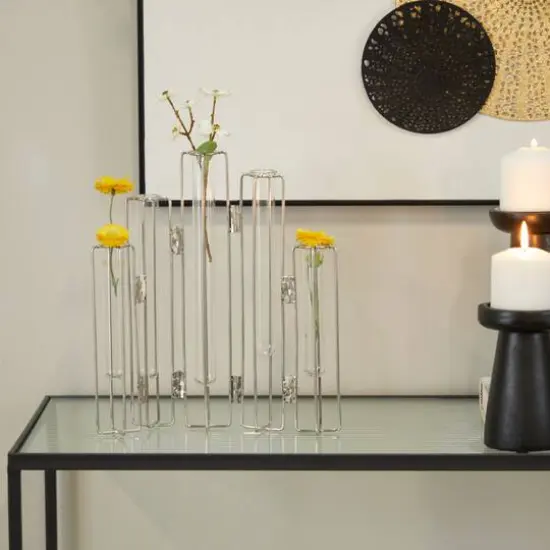 Silver Glass Tube Vase with Metal Stand 11" x 2" x 12" {7}