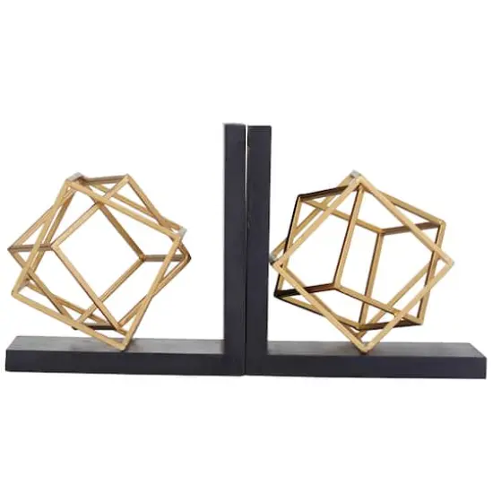 8" Gold Stainless Steel Overlapping Cube Geometric Bookends with Black Bases Set {5}