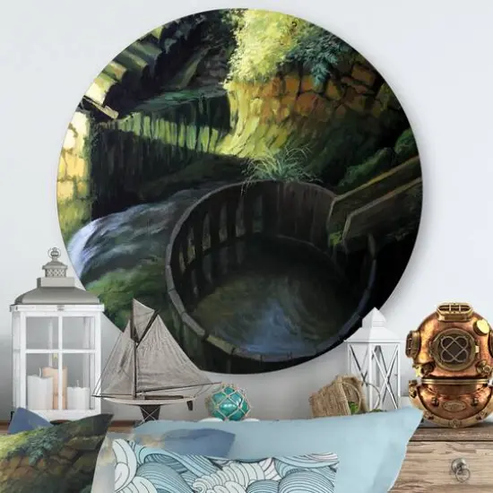 Designart - Old Watermill In Nature Landscape - Lake House Metal Circle Wall Art {1}
