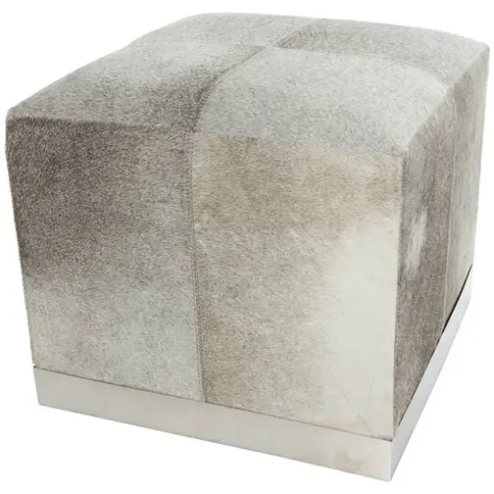 17" Gray Leather Patchwork Pouf with Silver Metal Base {1}