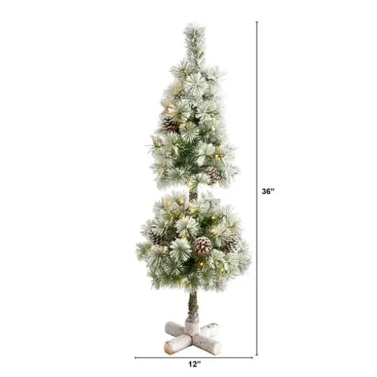 3ft. Pre-Lit Flocked Artificial Christmas Tree Topiary, Warm White LED Lights {7}