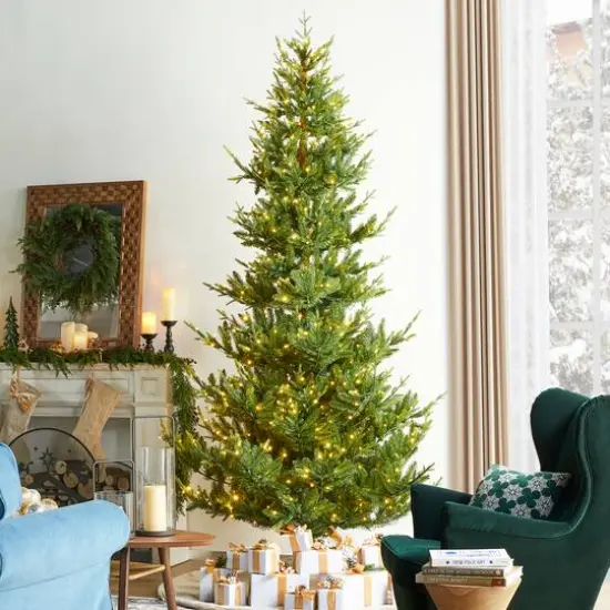 Glitzhome&reg; 9ft Pre-Lit Green Upward Slim Fir Artificial Christmas Tree, Multicolor LED Lights {4}