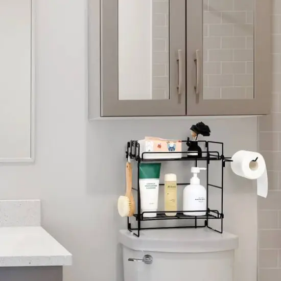 Over The Toilet Storage Shelf Organizer Basket with Paper Towel Holder {6}