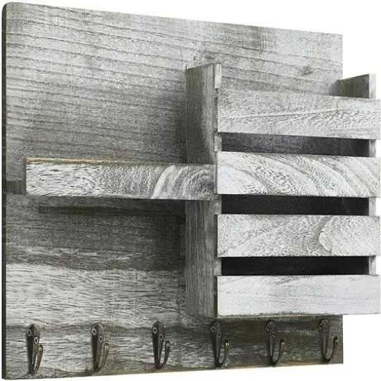 NEX&trade; Olive Green Vintage Wooden Mail Shelf with 6 Key Hooks {1}