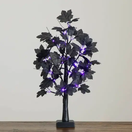 2ft. Pre-Lit Artificial Halloween Black Maple Tree with 24 Orange & Purple LED Lights {7}