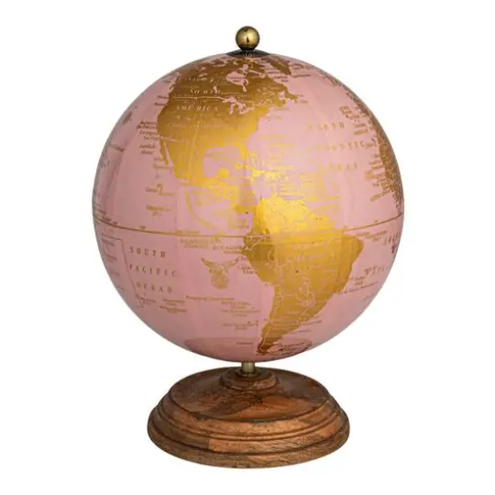 Hello Honey&reg; 10.75" Pink & Gold Metal & Plastic Globe on Natural Mango Wood Stand {1}