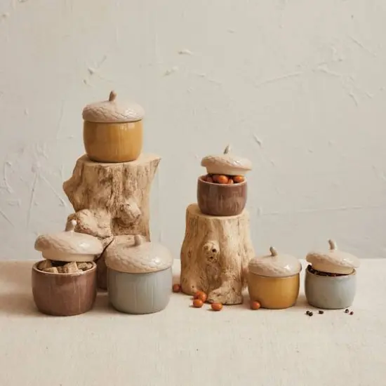 Hello Honey 4.5" Large Multicolor Reactive Glaze Stoneware Acorn Shaped Jars with Lid, 3ct. {3}