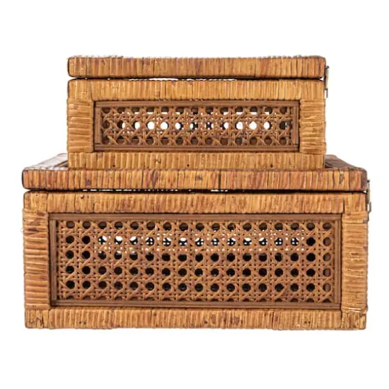 Hello Honey® Dark Brown Modern Decorative Square Woven Rattan & Wood Display Box Set with Glass Top {9}