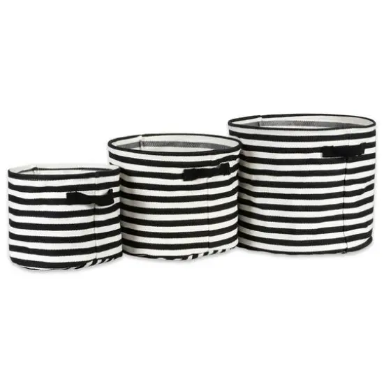 DII® Round Stripes PE-Coated Herringbone Woven Cotton Laundry Bin Set Black {1}