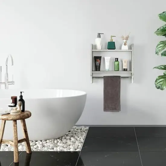 2-Tier Wood Wall Mounted Bathroom Shelf with Towel Rack Olive Green {6}