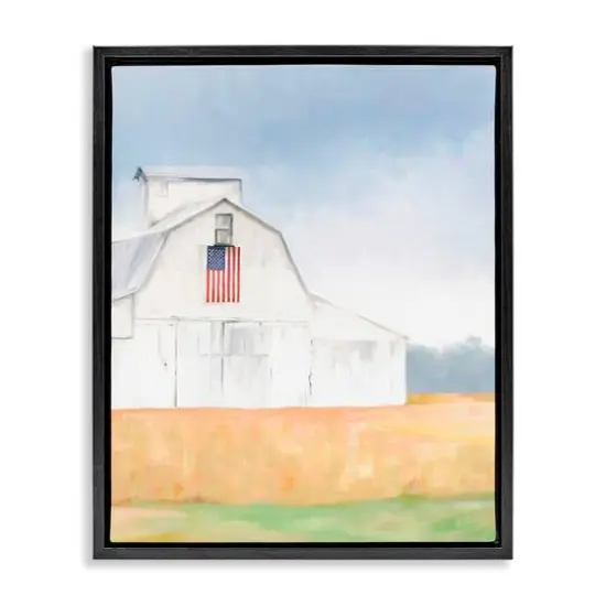 Stupell Industries American Flag White Country Barn Rural Scenery Floater Framed Art Black {1}