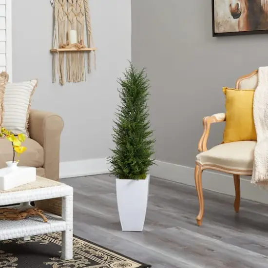 3.5ft. Cypress UV Resistant Artificial Tree in White Metal Planter {5}