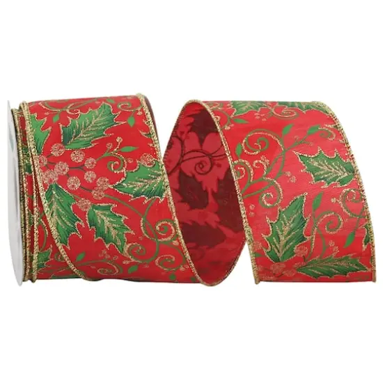 JAM Paper 2.5" x 10yd. Red & Green Holly Leaf Glitter Satin Wired Ribbon {1}