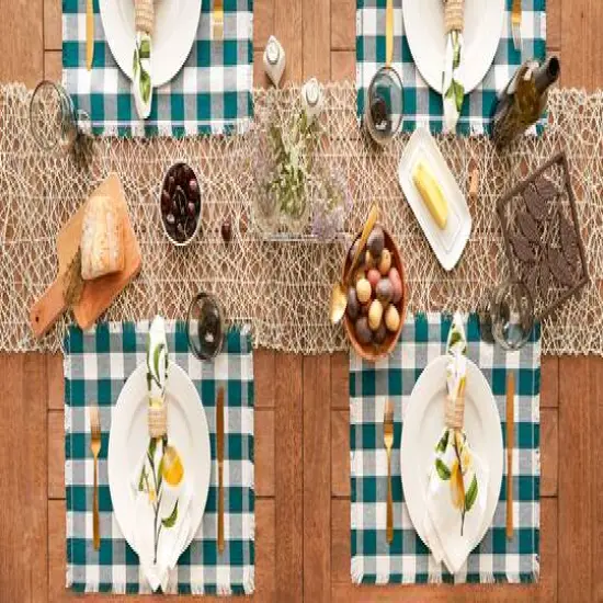 DII® Heavyweight Check Fringed Cotton Placemats, 6ct. Teal {9}