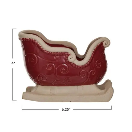 Hello Honey&reg; 6.25" Unglazed & Red Debossed Scrollwork Stoneware Sleigh {5}