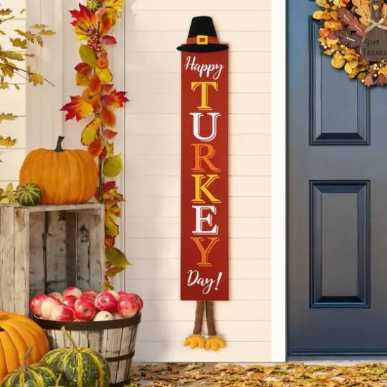 Glitzhome&reg; 58.5" Thanksgiving Wood "HAPPY TURKEY DAY" Porch Sign {3}