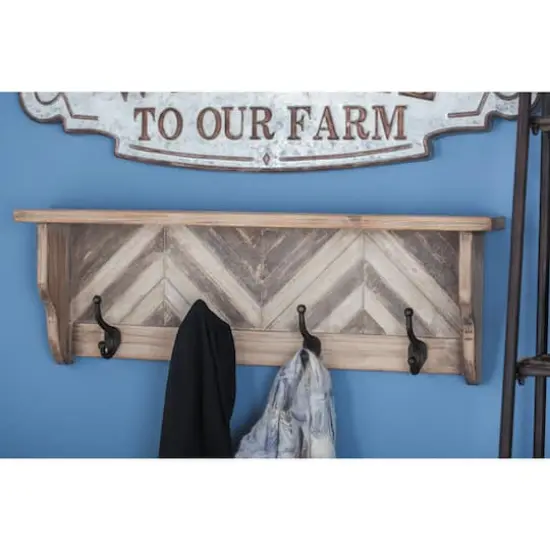 Brown Wood Vintage Wall Hooks with Shelf, 10" x 32" x 4" {8}