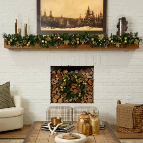 9ft. Pre-Lit Artificial Golden Frosted Christmas Garland with 50 Warm White LED Lights Pinecones, Berries and Ornaments {7}