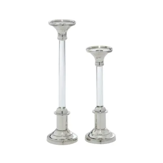 Set of 2 Silver Aluminum Glam Candle Holder, 12", 16" {3}