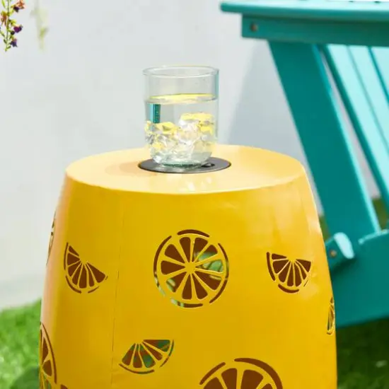 Glitzhome&reg; 18.5" Yellow Iron Cutout Lemon Pattern Solar LED Garden Stool {7}