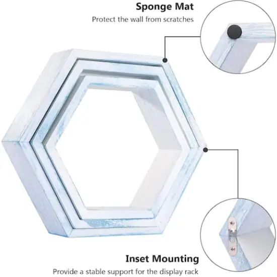 NEX™ Blue Whitewash Wall-Mounted Rustic Hexagon Honeycomb Hanging Shelf Set {4}