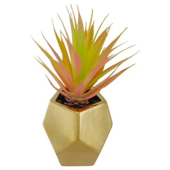 8" Green & Pink Sword Grass in Gold Geometric Pot {6}