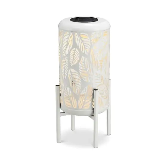 Glitzhome&reg; 14.25" White Metal Cutout Leaves Pattern Solar Powered LED Outdoor Lantern {1}