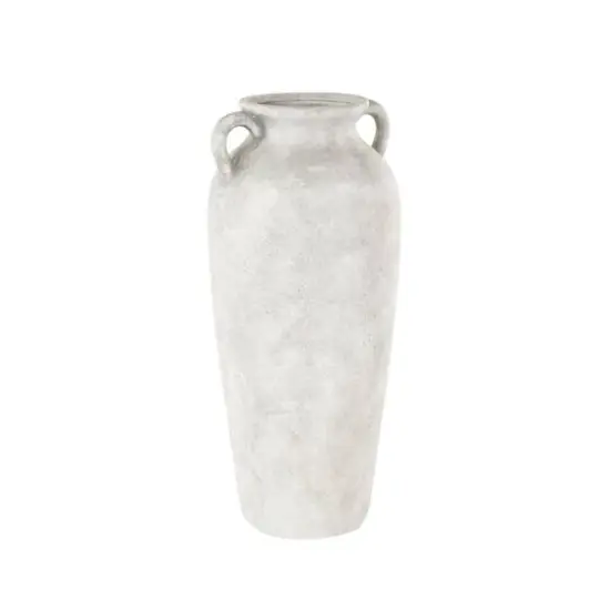 20" White Antique Style Textured Ceramic Vase with Handles {4}