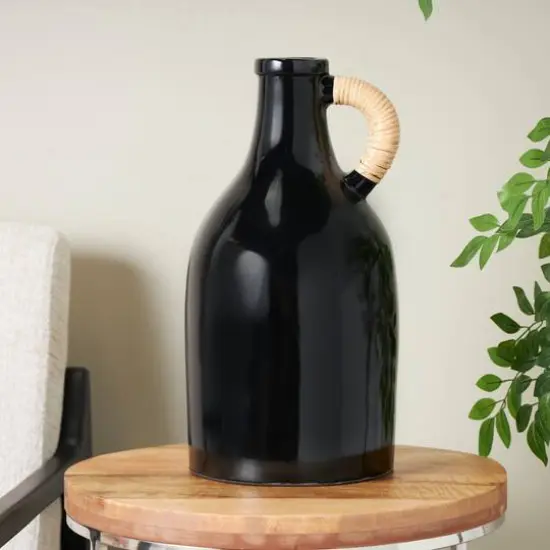 18" Black Ceramic Jug Inspired Vase with Rattan Wrapped Handle  {7}