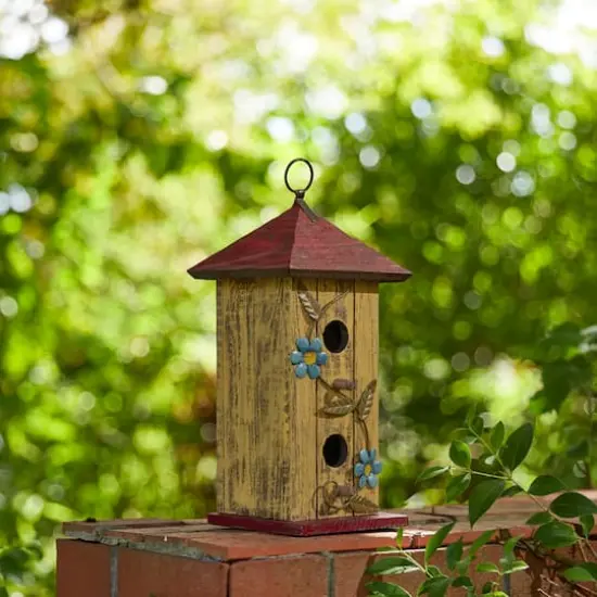 Glitzhome&reg; 11.75" Yellow Washed 3D Metal Flowers Distressed Wood Cottage Birdhouse  {4}