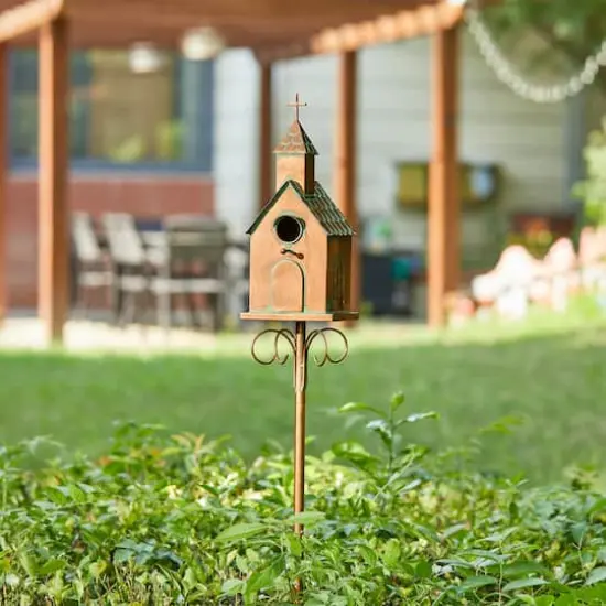 Glitzhome&reg; 4ft. Faux Copper Distressed Metal Church Birdhouse with Stake {5}